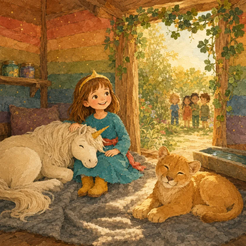 Inside the den, its rainbow plank walls hung with jars and a shelf, Princess Allison sits on a grey wool blanket with the unicorn folded beside her and one hand on her mane; Mac sleeps in a square of sunlight by the clover-trimmed doorway, and four small visitors stand far off in the sunlit garden beyond.
