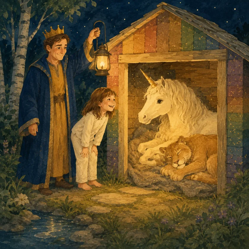 At night the rainbow den glows warm from within while the King holds up a lantern and Princess Allison, barefoot in cream pajamas, leans into the wide doorway to whisper goodnight; inside, the unicorn lies awake in the grey wool with Mac curled asleep against her.