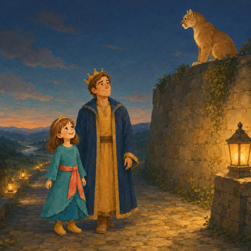 Allison and the King pause on the lantern road at dusk, looking up at a great tawny cougar seated calmly in profile on the old stone wall above the last lantern.