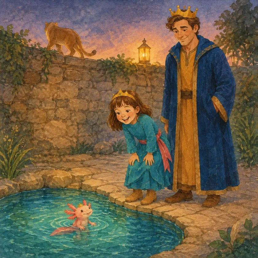 Allison stands at the edge of the small clear spring in the evening light, bending down delighted to greet a tiny coral-pink axolotl, the King beside her, while the cougar walks the top of the wall beyond.