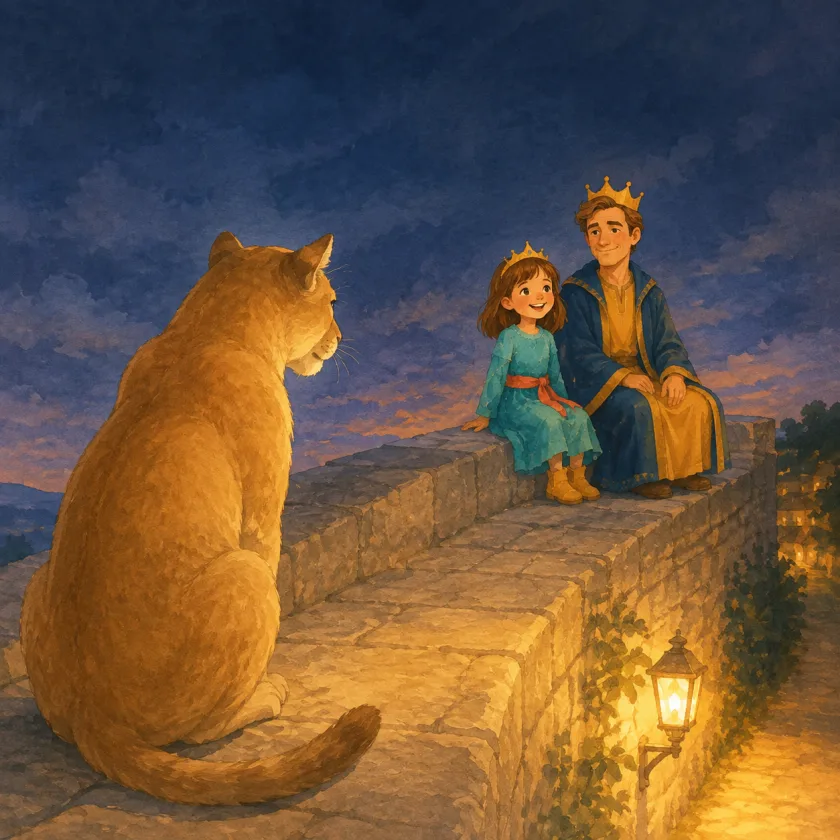 Allison and the King sit quietly at the far end of the old wall at dusk, a courteous stretch of stone between them and the great cougar, whose head is turned partway toward them in the lantern glow.