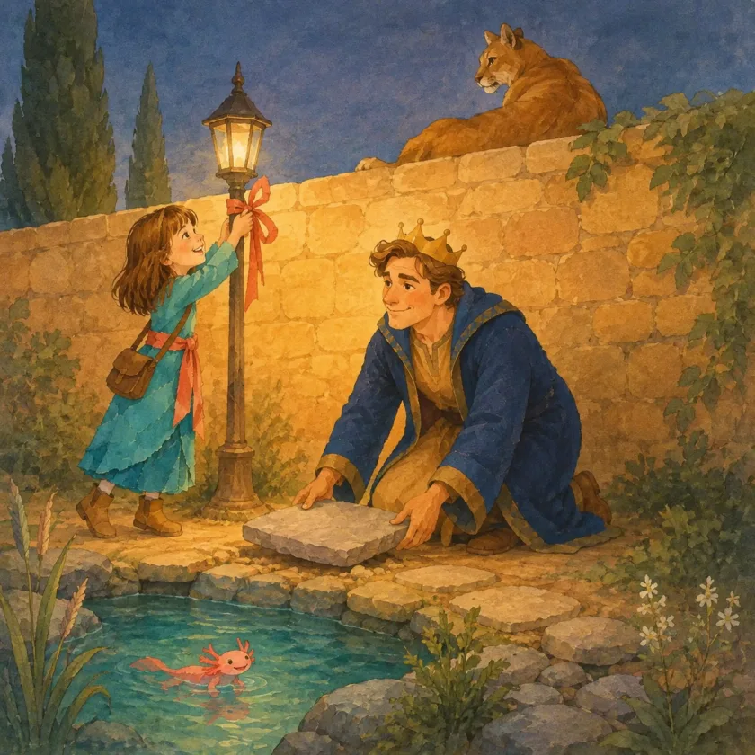 In golden evening light the King steadies a flat sitting stone by the spring while Allison, up on tiptoe, ties a coral ribbon to the lantern post, the tiny axolotl watching from the water.