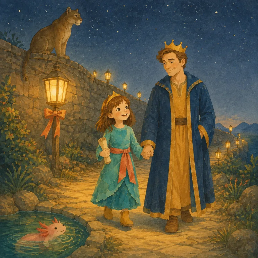 Allison and the King walk home hand in hand under the first stars, the beribboned lantern glowing beside them, the cougar in calm silhouette on his wall, and the little axolotl smiling up from the spring.