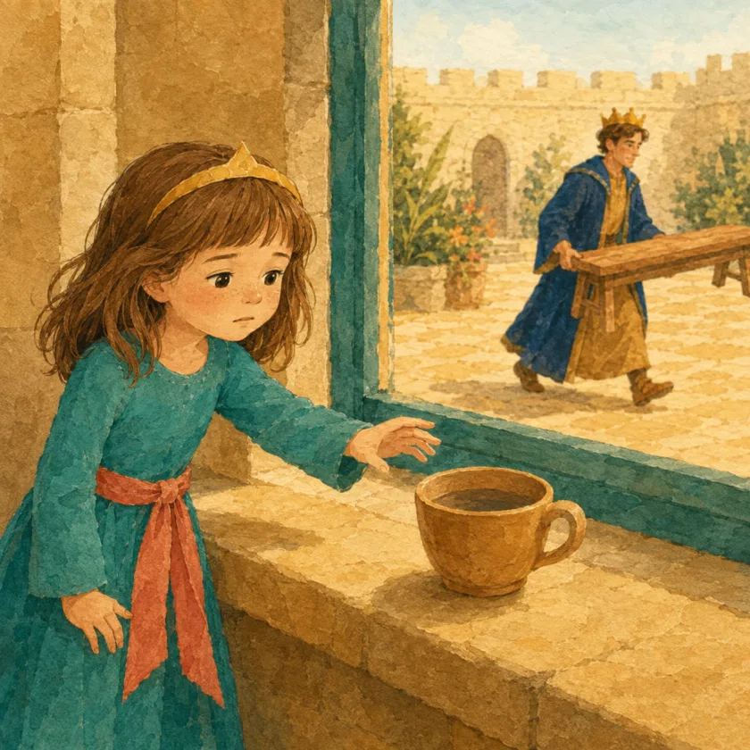 The King's cup sits full, still, and without steam on the windowsill while Allison reaches toward it, concerned; beyond the window the King strides across the courtyard carrying a bench.