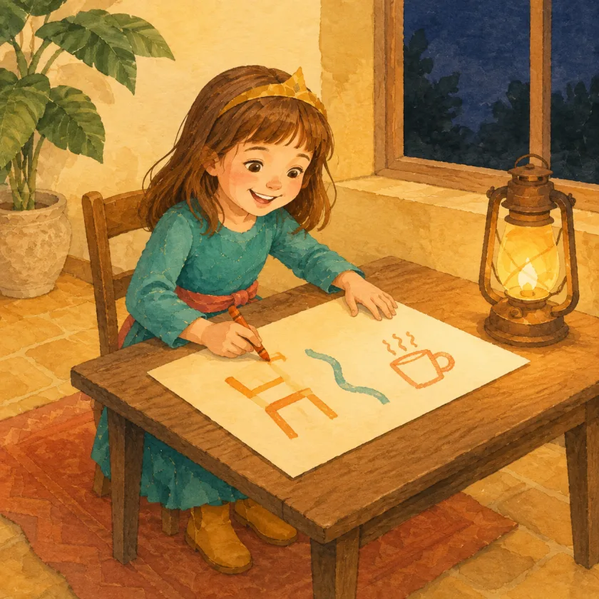 Allison sits at a small table by lantern light, delighted, drawing her plan: a chair shape, a wavy line, and a cup with three curls of steam.