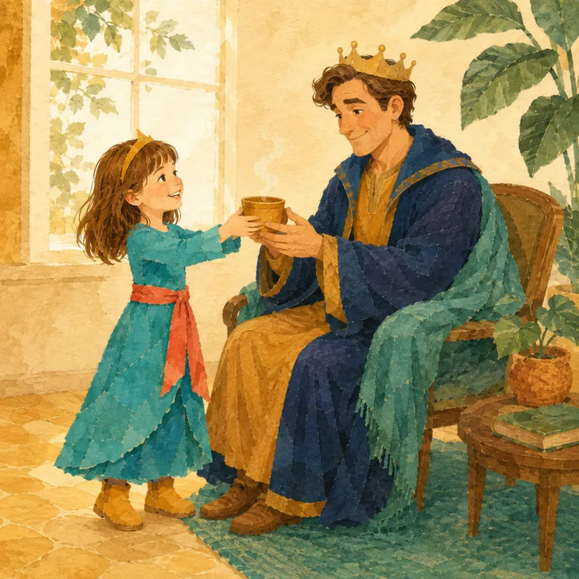 Allison delivers the steaming cup with both careful hands to the King, who sits wrapped in a teal blanket in the good chair by the sunny window.