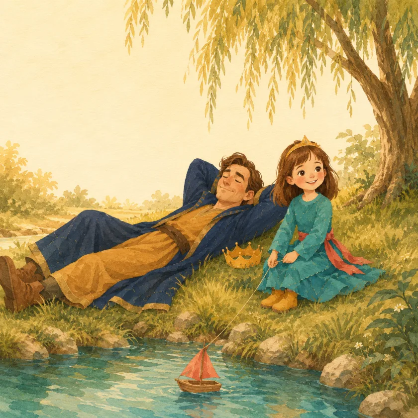 The King sleeps at ease on the grass under the willow, his crown set beside him, while Allison sits upright and alert on watch, the boat-string looped around her hand and the coral-sailed boat on the calm stream.