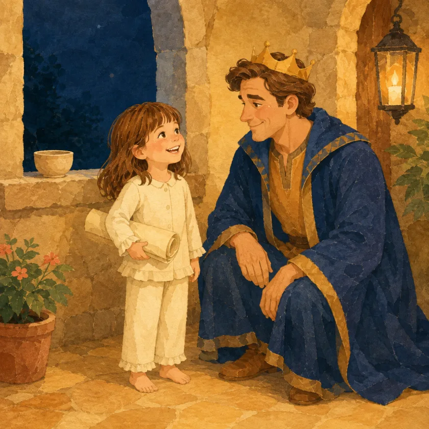 The King crouches to Allison's height at the warm doorway as she holds her rolled next-month plan; behind them the plain cup stands empty and clean on the sill in lantern light.