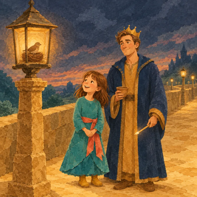 Inside the lantern's glass house sits a woven nest with a small brown bird; Allison and the King watch from a respectful step back, his lighting taper lowered.