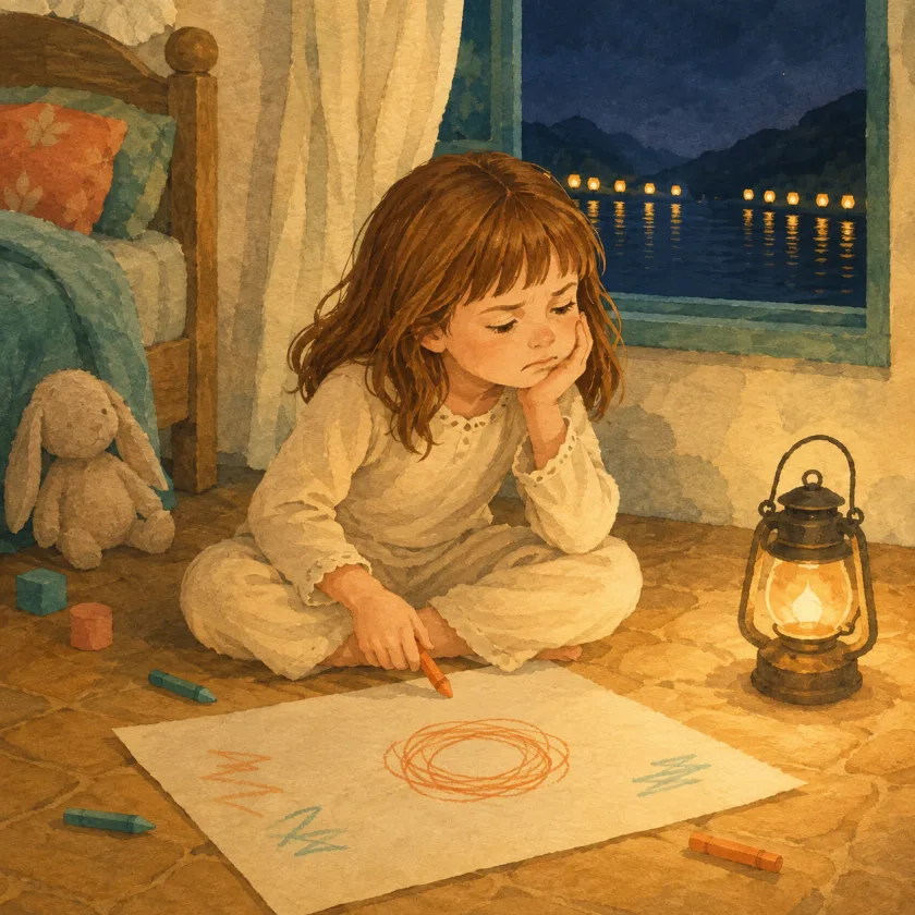 Allison sits cross-legged by lantern light over a nearly empty paper holding one small circled nest shape, her chin in her hand, itchy with waiting.