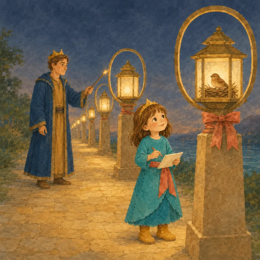 At lighting time the King lights the next post down the road while Allison, a respectful step back from the nest lantern with its coral bow, draws the sitting bird on a small paper.