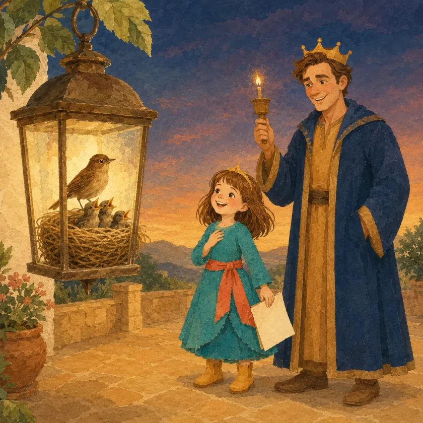 Three tiny wide-mouthed baby birds wobble at the nest rim inside the lantern glass while the mother bird stands tall; Allison beams with her drawing half-lowered and the King's taper stops mid-air.