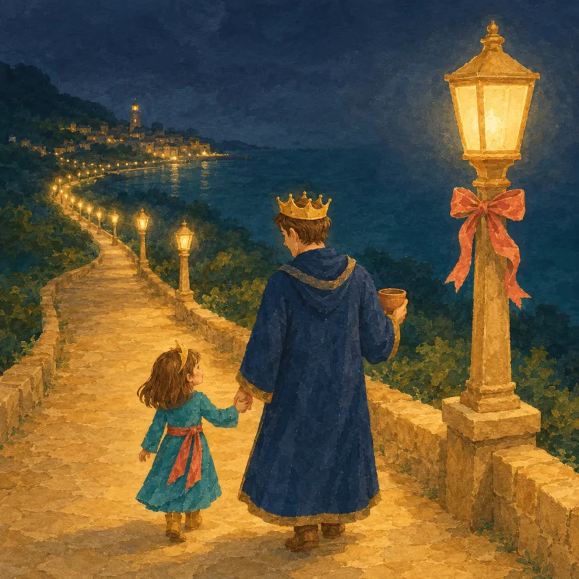 The whole lantern road glows harbor to gate with no gaps as Allison and the King walk home hand in hand past the newly relit bend lantern, its coral bow still on the post.
