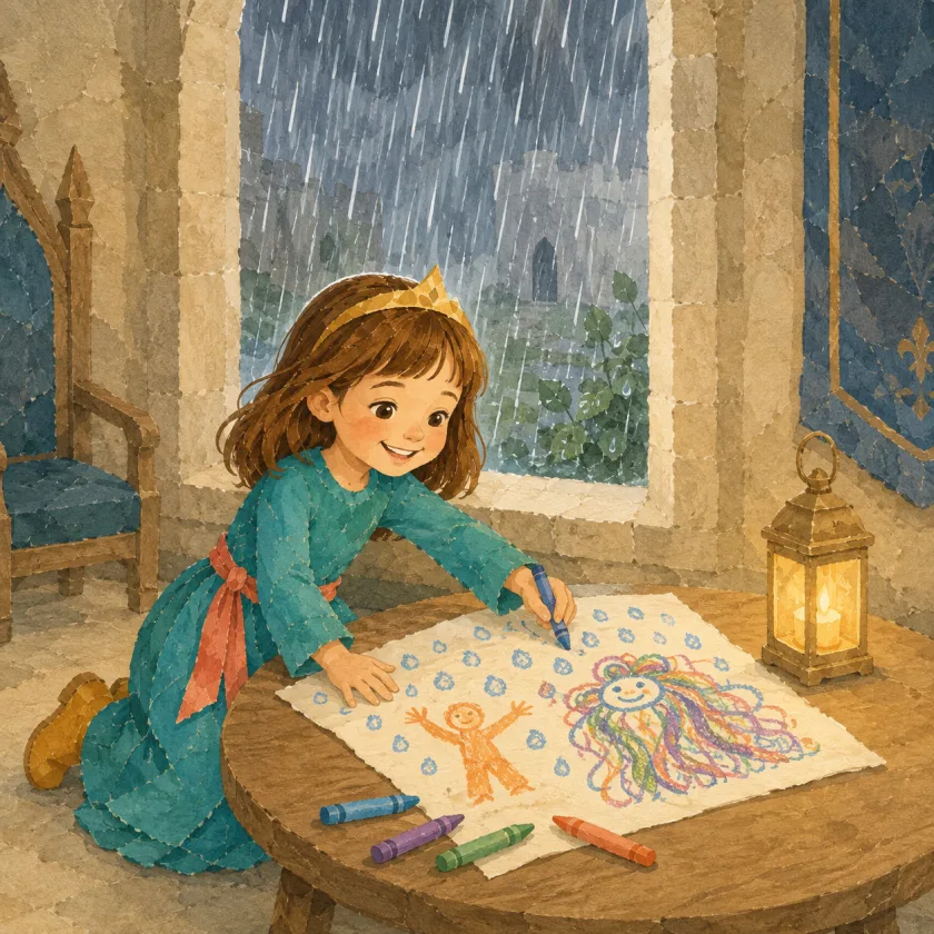 A girl in a teal dress with a coral sash and a small gold crown kneels up at a low wooden table, drawing with a blue crayon on a big sheet of paper. The paper already holds an orange stick figure with both arms up, rows of blue rain dots, and a creature with a wide green smiling face and a long looping mane scribbled in many colors. Rain falls past a tall stone window behind her and a lit lantern stands at the far corner of the table, with loose crayons scattered across the wood.