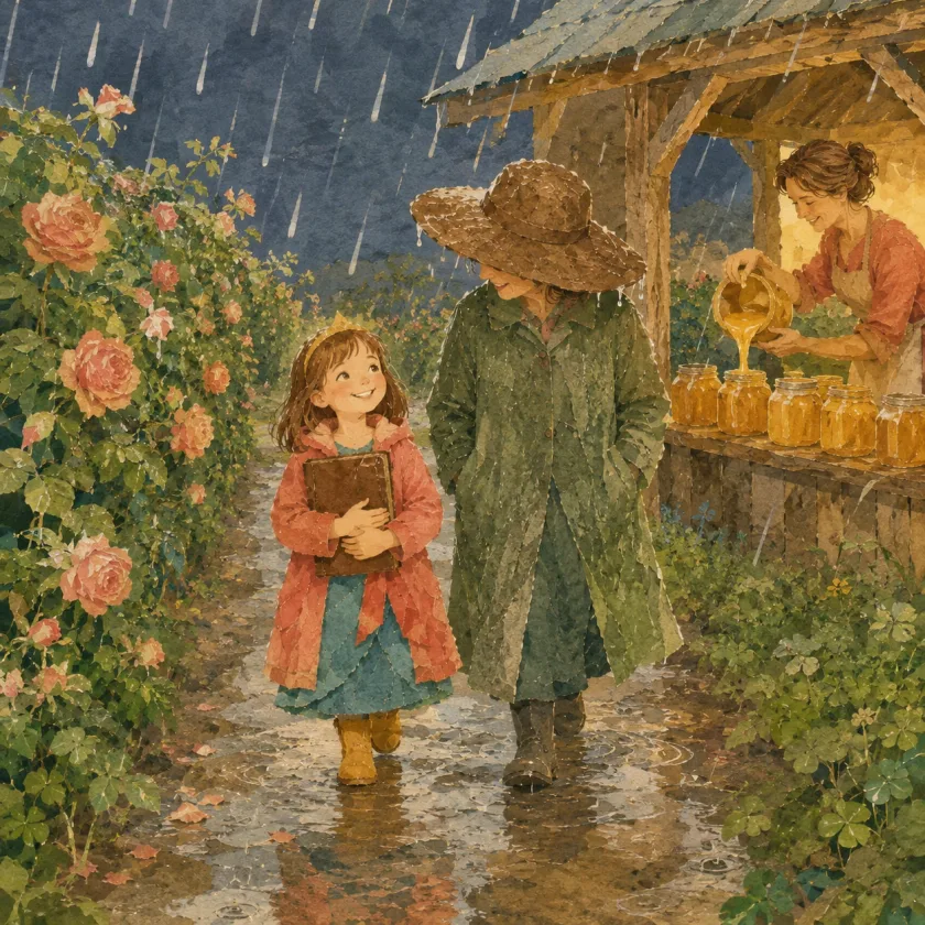 The girl walks a wet lane in a coral coat over her teal dress, holding a brown ledger flat against her chest, past rose bushes bent low with water. Beside her walks a taller figure in a wide brown rain hat and a long moss-green coat, the face hidden under the brim. At a small wooden stall on the right a woman in an apron tips a jug and pours golden honey into a row of filled jars. Long straight strokes of rain fall against a dark sky.