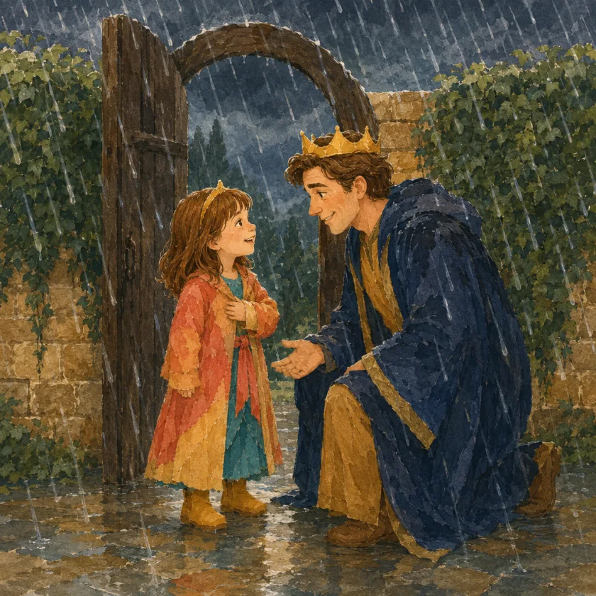 The girl stands in an open stone gateway in the rain, wearing a coral and ochre coat over her teal dress and her small gold crown. A man in a deep indigo robe over ochre, wearing a simple gold crown, has crouched all the way down to her eye level with one hand held open toward her. Ivy covers the walls on both sides and the wet ground shines.