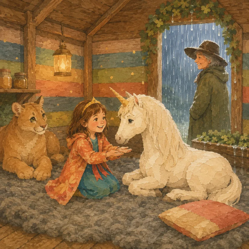 Inside a wooden den with plank walls painted in muted rainbow stripes, the girl kneels on a grey wool floor and holds one hand out toward a cream-white unicorn with a small gold horn, which lies with its legs folded and its nose reaching toward her fingers. A tawny young cougar rests on the left. A striped cushion lies flat in the foreground. Through the wide doorway a figure in a broad hat stands out in the rain, and a lantern hangs from the roof beam.