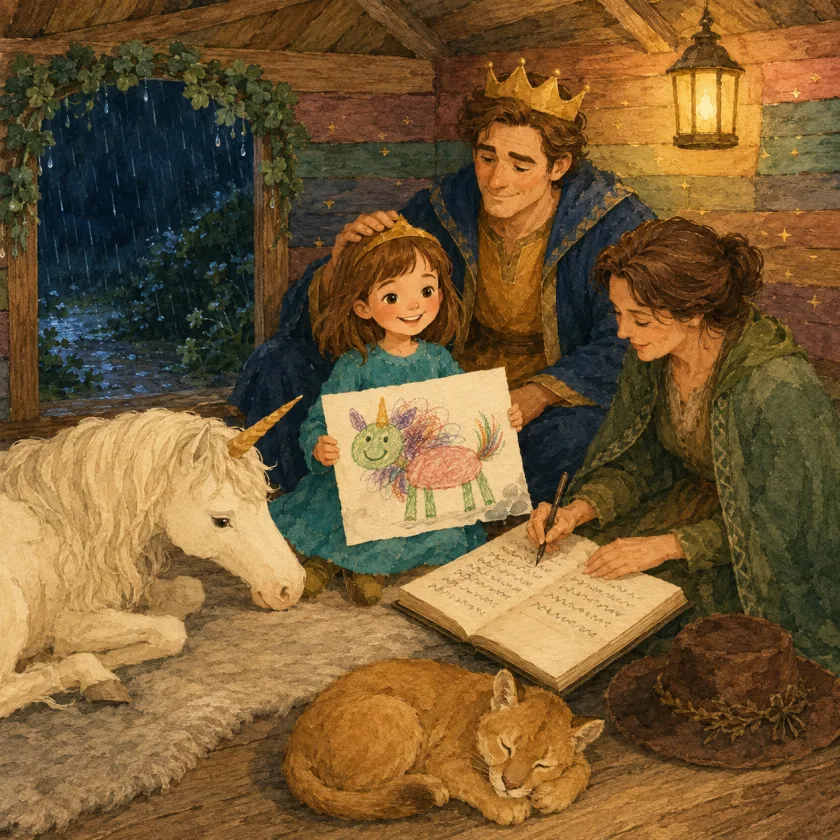 Inside the den at night, a man in an indigo robe and gold crown sits on the floor with his hand resting on the girl's head. She holds up her drawing so it faces out: a wide green smiling face with a small gold horn and two purple ears, a pink oval body, four green legs, and a big looping mane scribbled in many colors, all in wobbling crayon. A woman in a green coat writes into an open ledger whose pages carry rows of small wobbling marks. The cream-white unicorn lies at the left with its nose down toward the drawing, a tawny cougar sleeps on the boards, and a lantern glows on the plank wall.