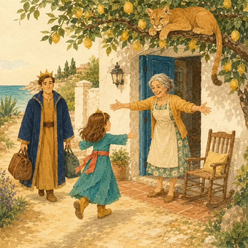 Al final de un camino de tierra, una casa blanca con la puerta azul y una mecedora en el corredor. La Abuela, con el pelo plateado recogido, vestido de flores, delantal y chaqueta ocre, espera en la puerta con los brazos abiertos. La princesa Allison corre hacia ella con los brazos extendidos, y el Rey, con su túnica azul y su corona, camina un paso detrás con dos bolsas de viaje. Mac descansa en una rama alta del limonero cargado de limones, con la cola colgando, y el mar asoma detrás.