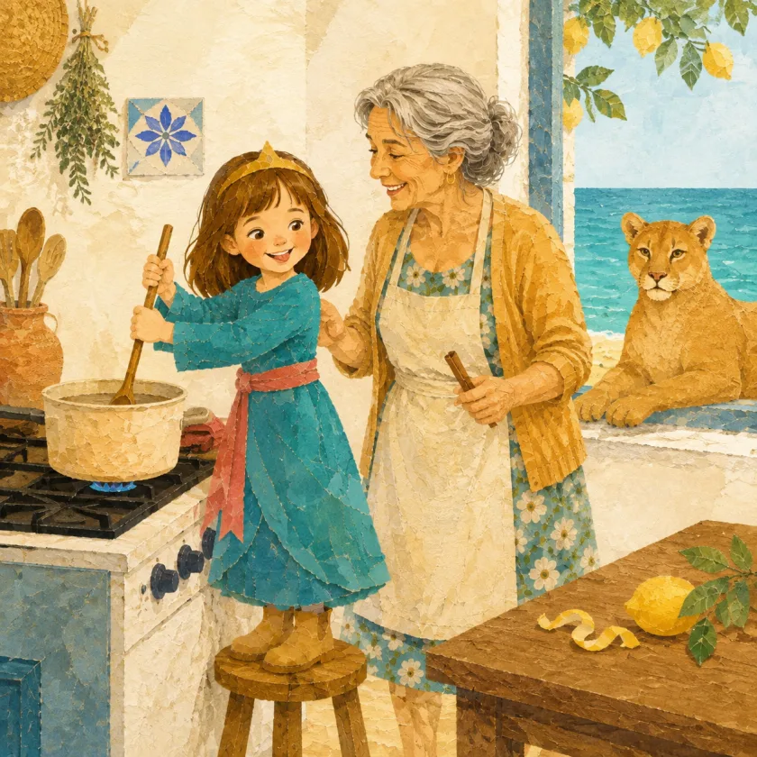 En la cocina, con la ventana grande llena de mar, la princesa Allison está subida a un banquito y menea la olla con la cuchara de madera, con la lengua fuera de tanta concentración. La Abuela, muy cerca, le apoya una mano en el hombro y sostiene una raja de canela en la otra. Un rizo largo de cáscara de limón y un limón descansan sobre la mesa de madera, Mac mira desde la ventana y la llama del fogón es pequeña y azul.