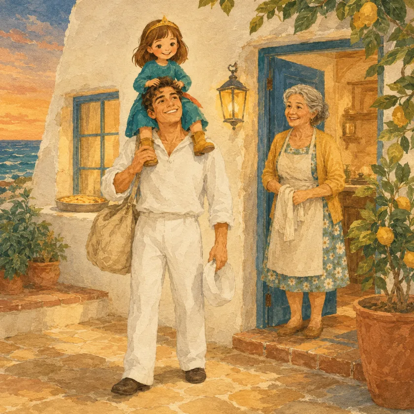 Al atardecer, junto a la puerta azul, Andreas, un marinero joven vestido de blanco con una bolsa de lona al hombro y la gorra en la mano, lleva a la princesa Allison sobre los hombros; ella se agarra a su pelo, encantada. La Abuela sonríe desde la puerta secándose las manos con un trapo, y en la repisa de la ventana de la cocina espera un platón de arroz con leche. Un farol de pared brilla y un limonero en maceta asoma a un lado.