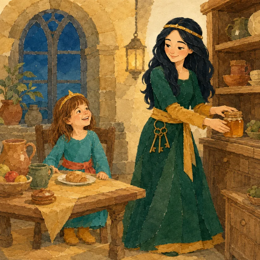 Princess Allison, smiling at the breakfast table, looks up at the Queen, who takes down the good honey jar at the tall cupboard with three gold keys at her sash, while the kitchen windows are still deep blue with early morning.