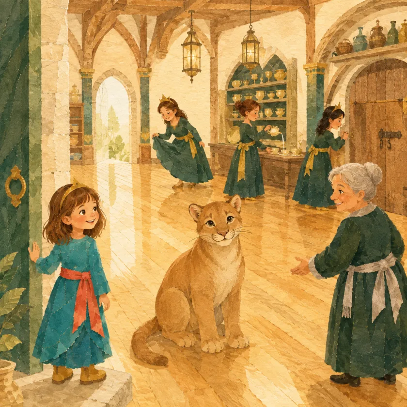 Princess Allison stands at the threshold of the gleaming training hall while Mac the young cougar sits calmly in the exact middle of the floor; beyond them one princess curtsies to an empty doorway, one pours tea by the cup shelves, one waits at the storeroom door, and Keeper Quill turns to welcome her.
