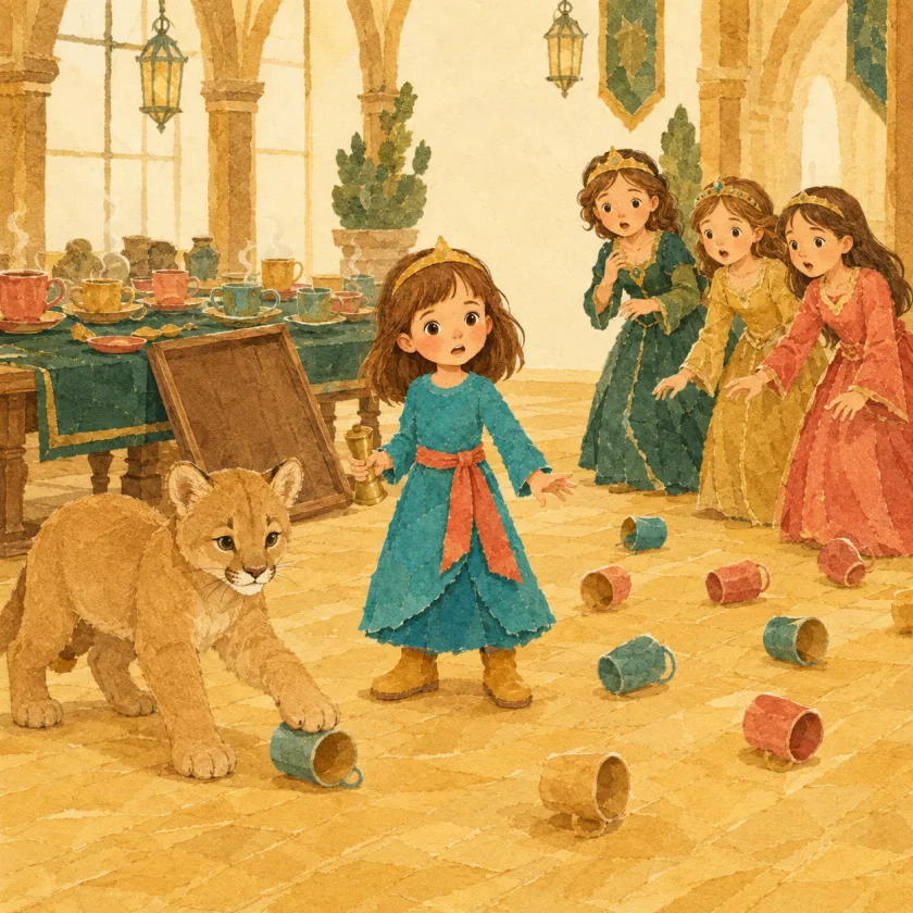 Cups roll bright across the hall floor from a tipped tray while Princess Allison stands mid-hall holding the little bell, dismayed but upright; Mac calmly pins one runaway cup under a heavy paw and three startled princesses look on kindly.