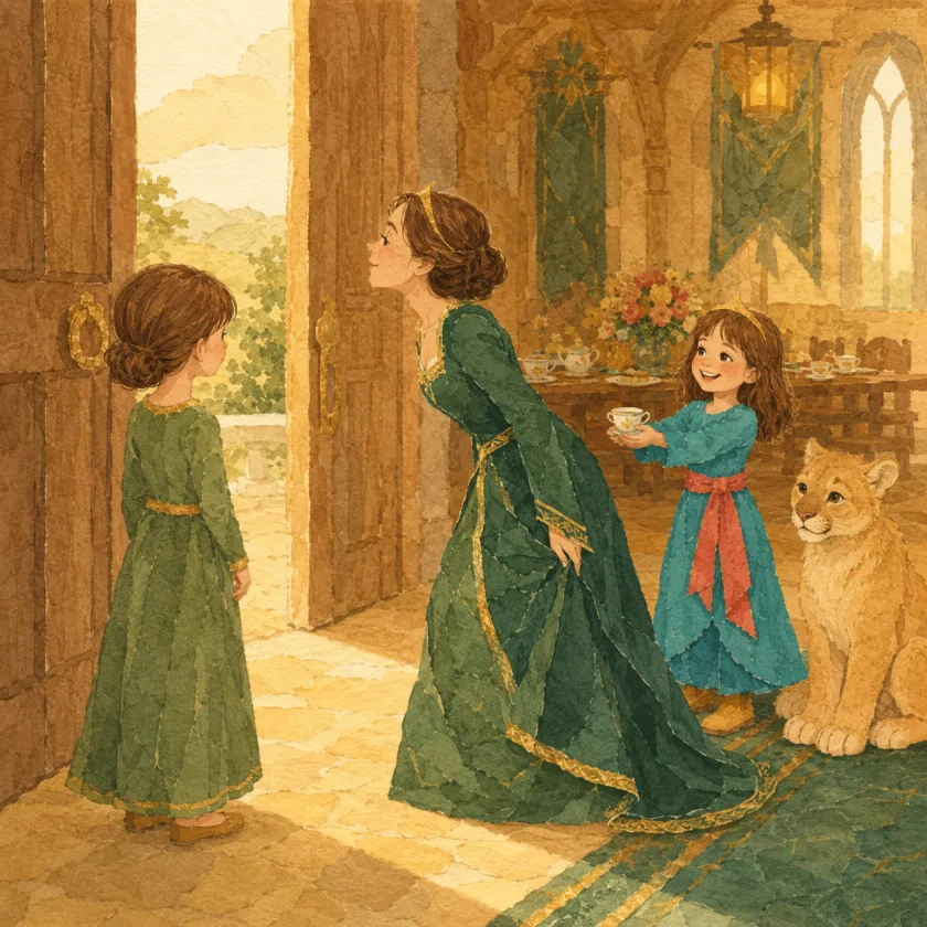 At the open great door a small princess in green arrives with her hair in a low bun while Petronella holds a deep curtsy with her chin lifted toward her, eyes up, and Princess Allison holds out the second cup with Mac sitting at her side.
