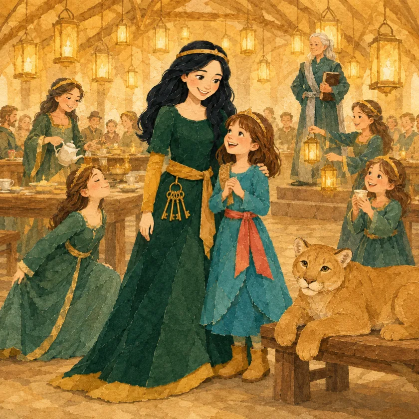 The hall blazes with lanterns while the Queen, three gold keys at her sash, keeps an arm around Princess Allison, who wears the soft old award sash; one princess pours tea down the long table, another holds a deep curtsy, one carries lanterns, the small princess holds her cup, Keeper Quill stands on her step with the closed ledger, and Mac lounges on a bench.