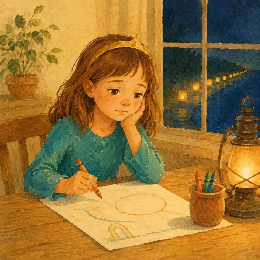 Princess Allison sits at her small table in warm lantern light, chin in hand, her orange crayon paused over a mostly empty map, while the lantern road glows far off through the dark blue window.