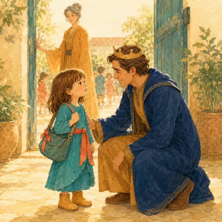 The King crouches to Allison's height at the sunny school gate, her satchel tied with a coral ribbon, while a tall teacher in a warm marigold robe keeps the open door behind them.