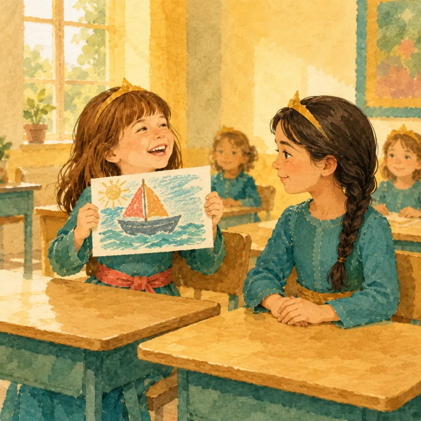 In a bright classroom Allison happily holds up her crayon drawing of a little boat with a coral sail, while a quiet girl with a long dark braid at the next desk turns toward it with a beginning smile.