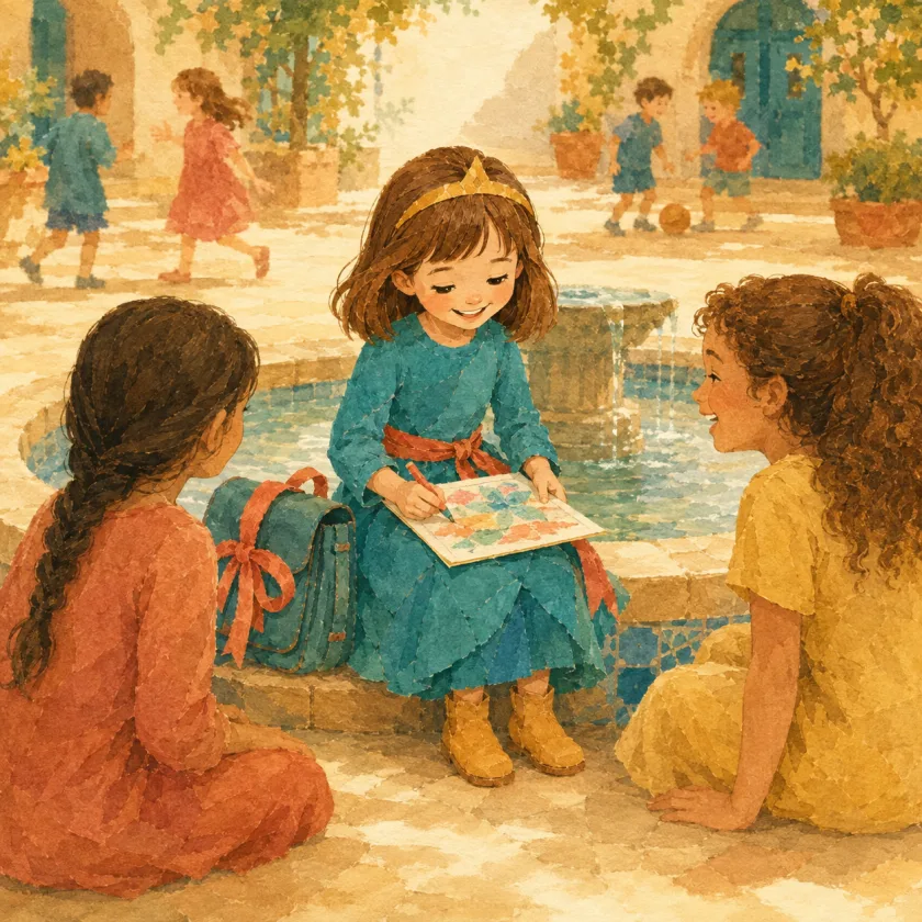Allison sits on the sunny lip of the courtyard fountain drawing on her knees, her satchel's coral ribbon bright beside her, while two new friends lean in close on either side.