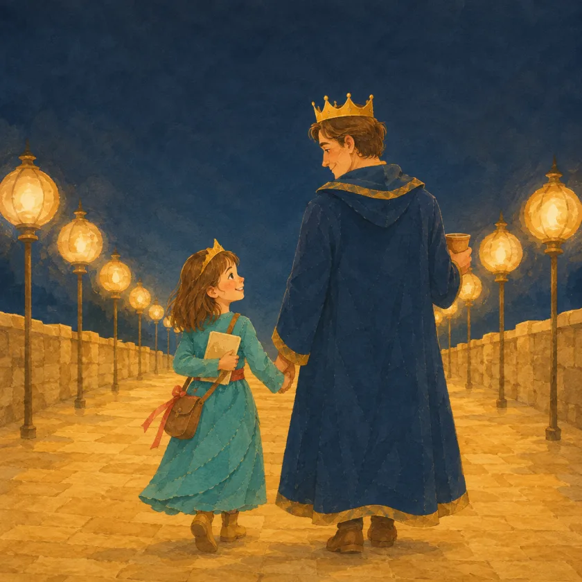 Allison and the King walk home hand in hand down the glowing lantern road at dusk, her map held against her chest and his cup in his free hand.