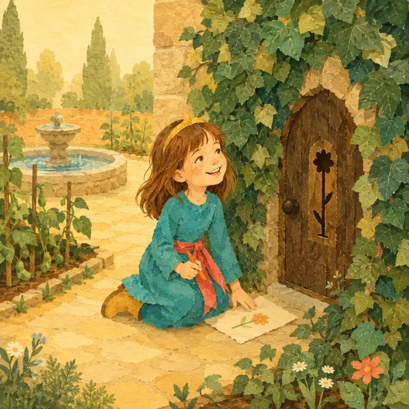 Princess Allison kneels on the garden path with her paper and orange crayon, looking up at a small ivy-curtained wooden door in the stone wall, its keyhole shaped like a tall flower, with the fountain and bean rows behind her.