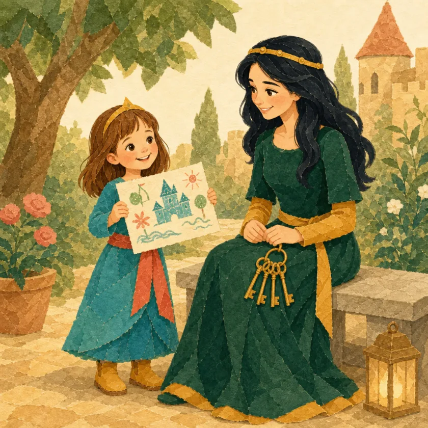 Princess Allison holds up her drawn plan while the Queen, in her deep evergreen gown with the ring of four gold keys at her sash, sits on a stone garden bench reading it with full attention.