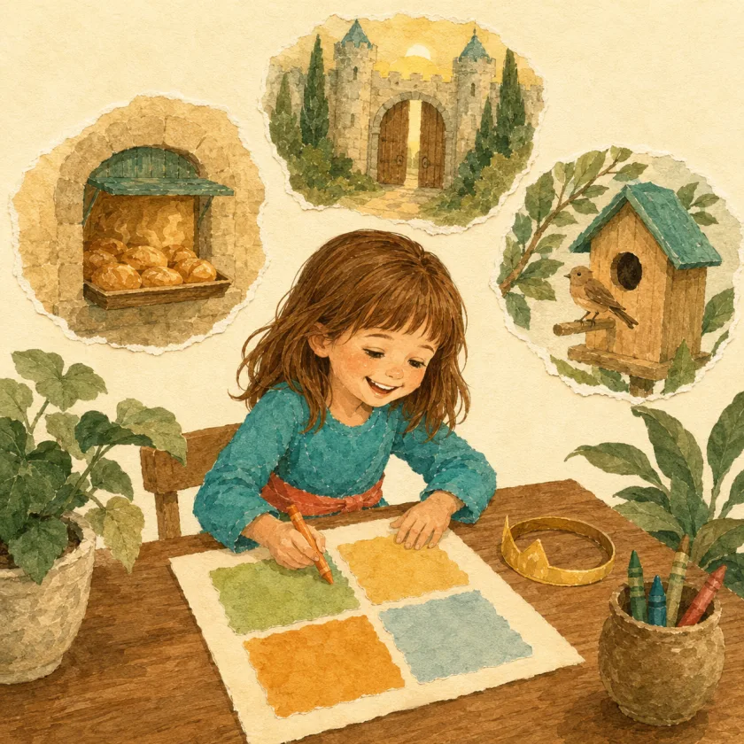 Allison sits at a wooden desk redrawing her plan with an orange crayon, her gold crown set beside the paper and four season boxes drawn in green, gold, blue, and orange, while small pictures of the castle gate, the bakery hatch, and a bird house float above like thoughts.