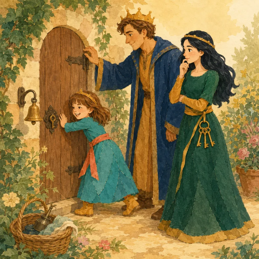 Allison pushes the brown garden door with both hands while the King tests the top hinge and the Queen thinks beside the lock with three gold keys on her ring; a small brass bell hangs low by the door and the work basket waits in the ivy shade.