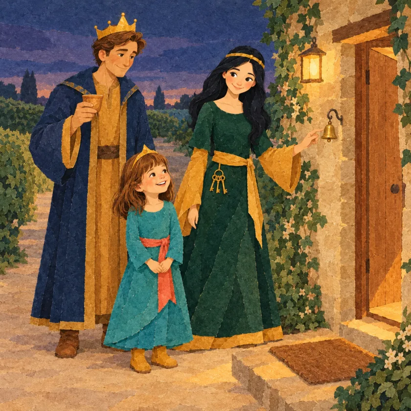 At dusk the brown door stands open onto the quiet lane with the mat laid below it; Allison smiles at her kept door, the King raises his cup in a silent toast, and the Queen touches the low brass bell with one fingertip, three gold keys at her sash.