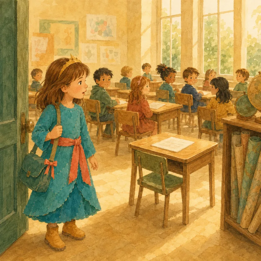 Princess Allison stands just inside a warm morning classroom with her satchel on, looking in surprise at a new empty desk beside a shelf of rolled maps.