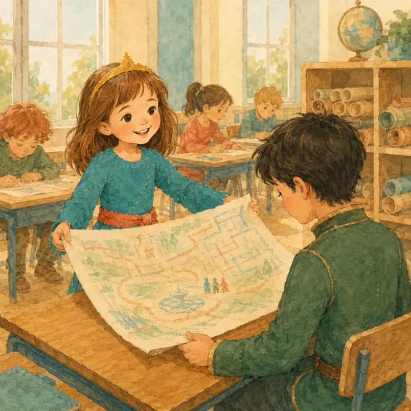 Allison holds her big paper map open toward a new boy in a dark green jacket, seen from behind at his desk as he takes its far edge and looks at it for a long time.