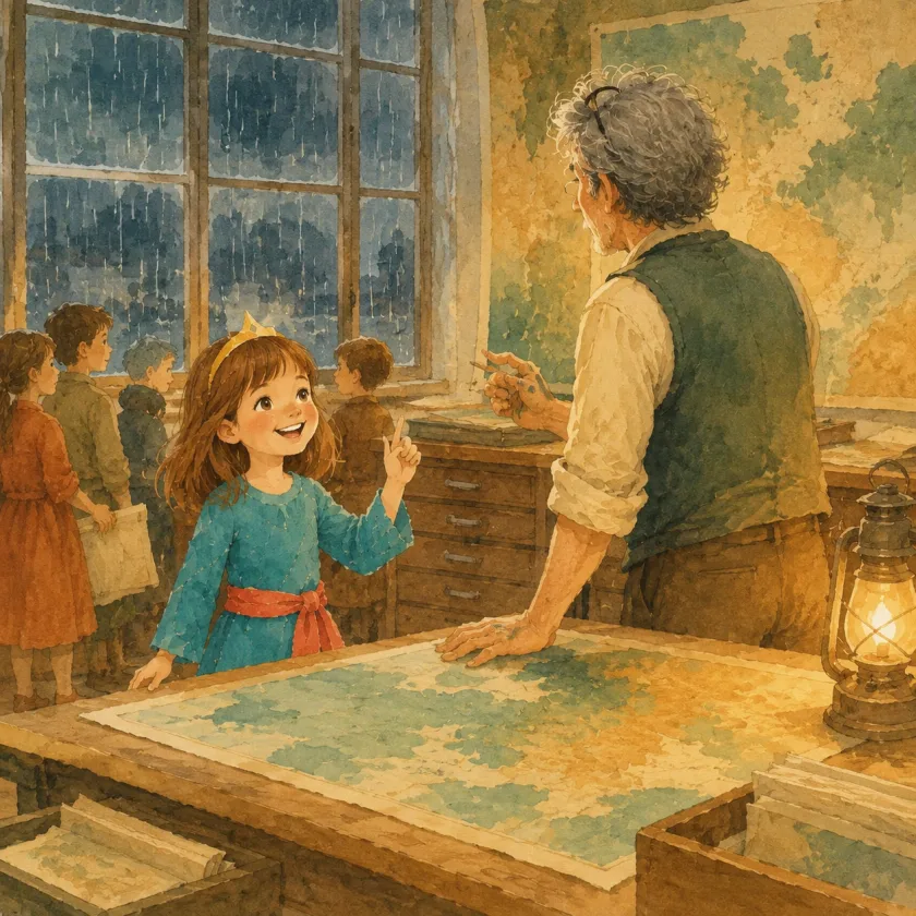 In the lantern-lit map room, rain streaking the tall window, Allison asks her question at the big drawing table while the maps teacher, seen from behind with spectacles pushed up into his wild grey hair, gestures toward his wall of maps.