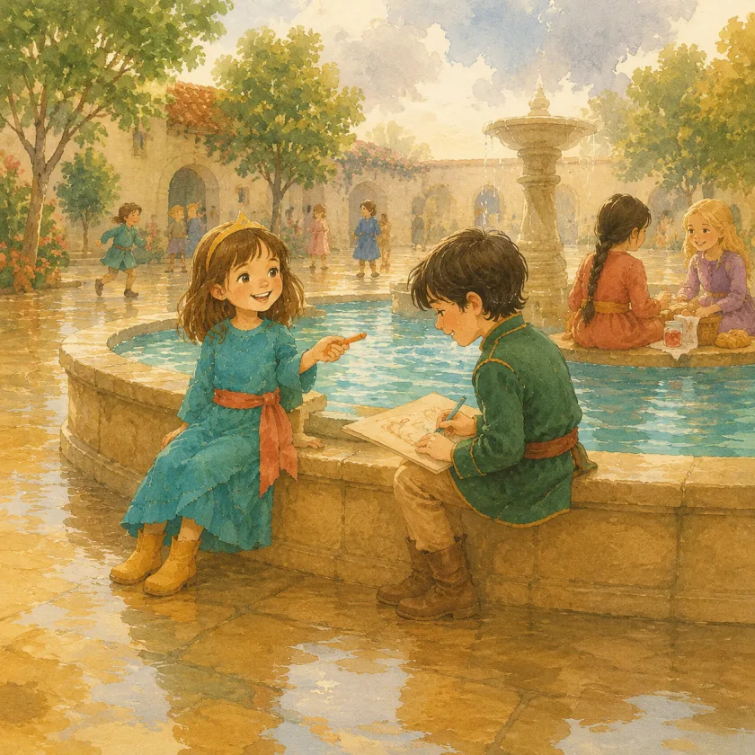 On the wet golden lip of the courtyard fountain after rain, Allison holds her orange crayon out to the new boy as he draws on the map in his lap, while two friends share bread and jam on the far lip.