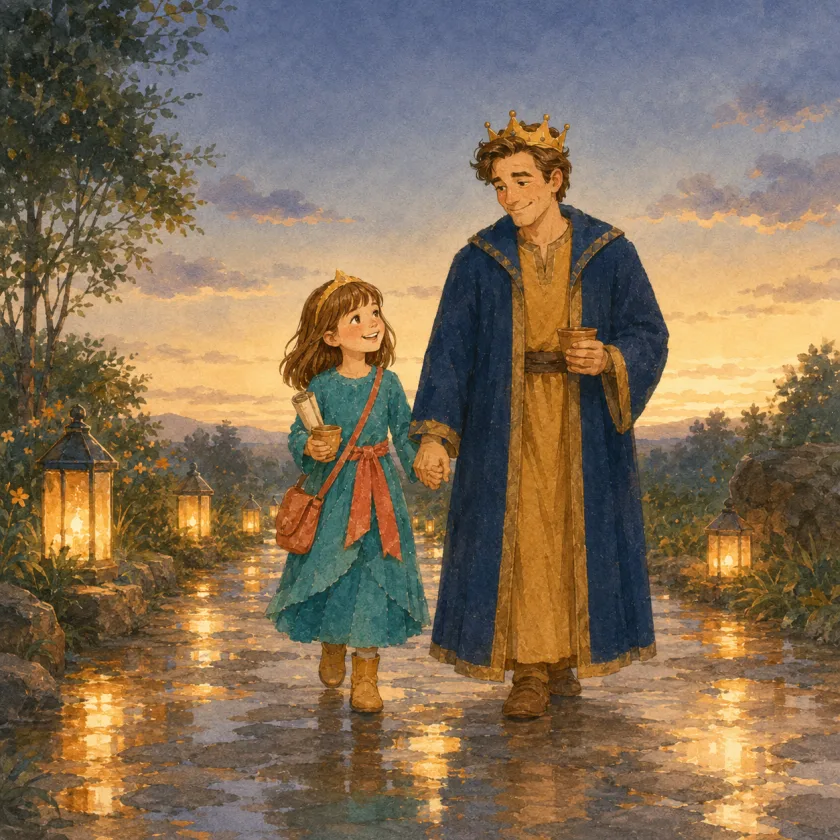 Allison and the King walk home hand in hand down the lantern road at dusk after rain, her rolled map under her arm and every puddle holding its own small light.