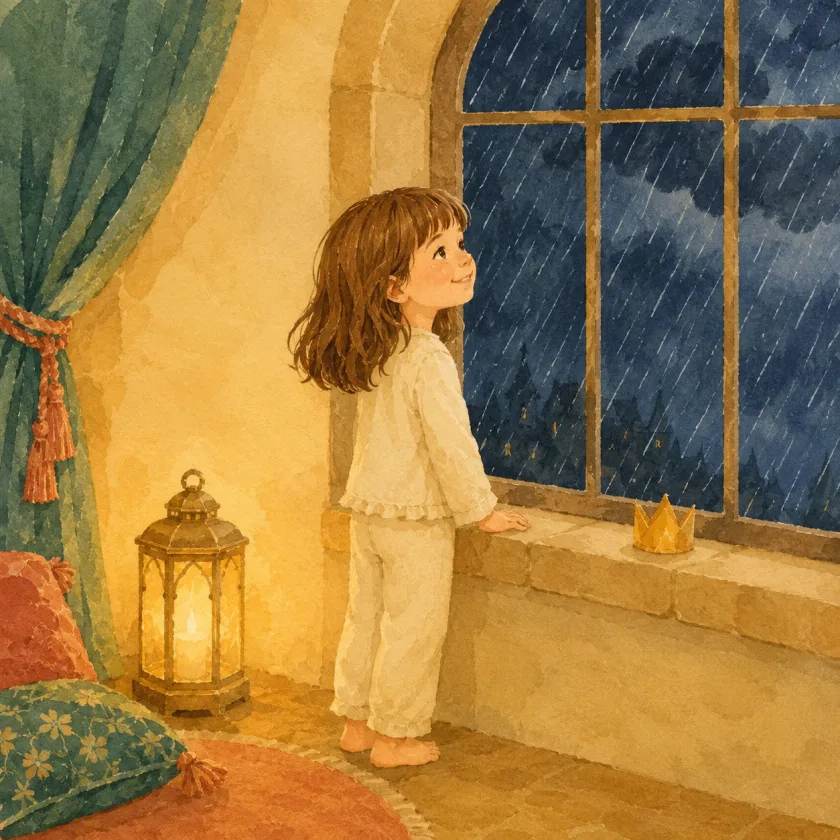 Princess Allison stands calm at a tall palace window in her pajamas as night rain streaks the glass, her crown resting on the sill beside a warm lantern.