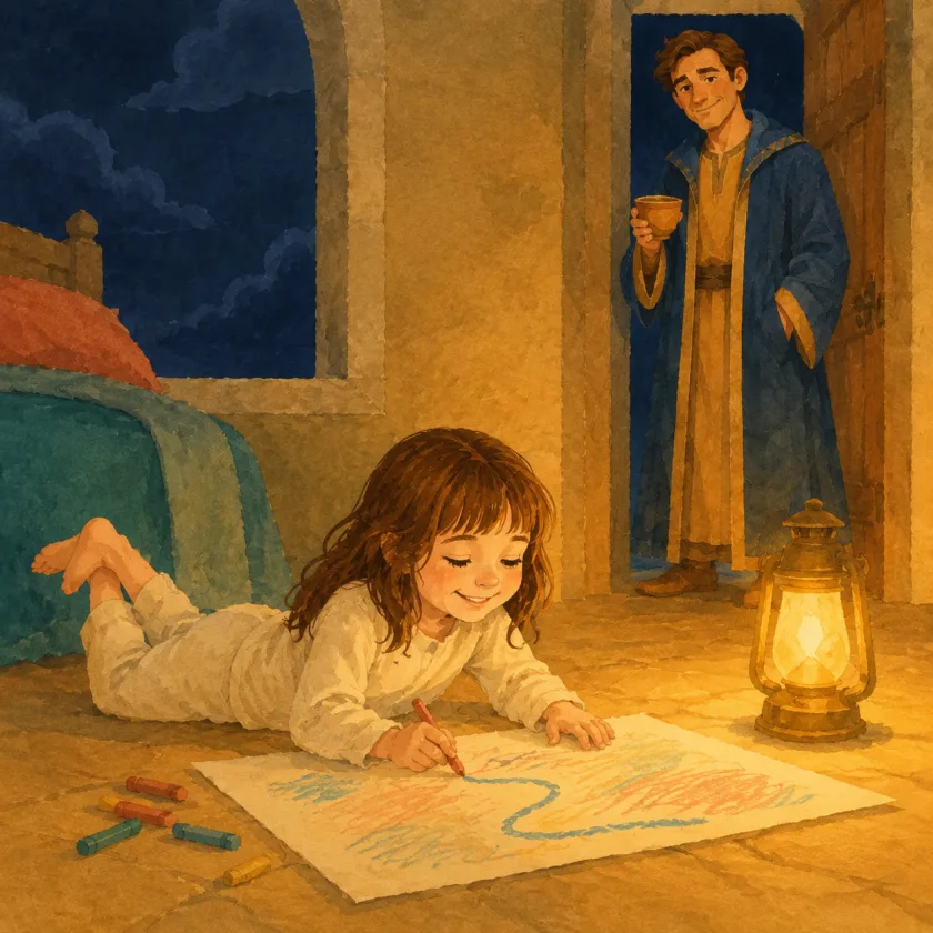 Allison lies on her stomach drawing a crayon map by lantern light while the King watches warmly from the doorway with his cup.