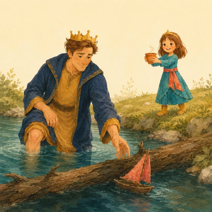 The King wades knee-deep beside a fallen log reaching for the little boat with its coral sail while Allison directs from the bank, holding his steaming cup with both hands.