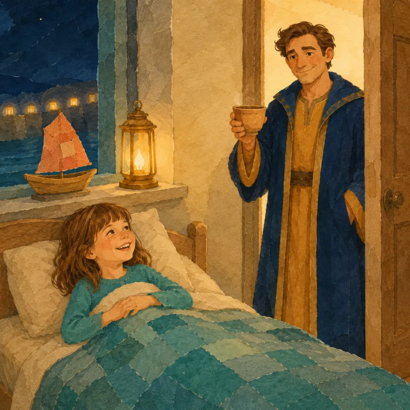 The mended boat dries on the windowsill beside a lantern while Allison, tucked in bed, smiles at the King raising his cup in a goodnight toast at the door.