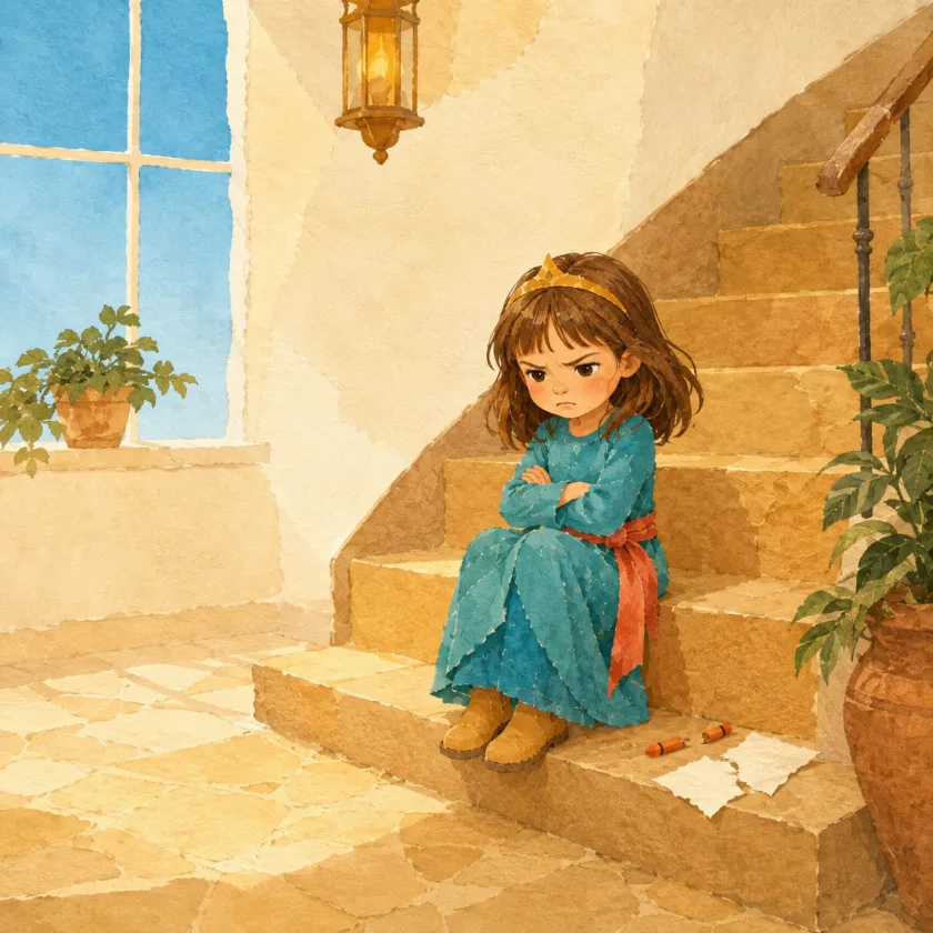 Princess Allison sits small on the bottom stair with her arms crossed and chin down, a snapped crayon and torn paper beside her, while a perfectly clear blue sky shines through the window.